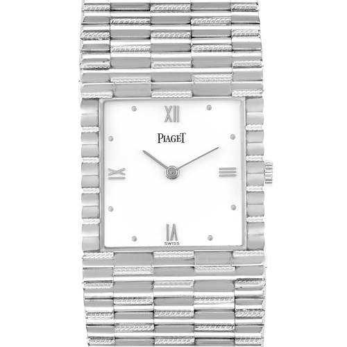 The Piaget 80131G2 Women's White Gold White Dial 80131G2 Women's White Gold White Dial 80131 model is shown from a top-down angle, highlighting the dial, crown, and bracelet.