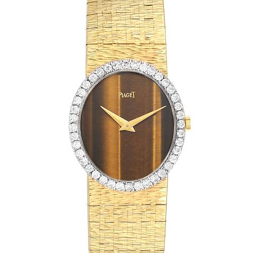 The image shows a front-facing view of the Piaget 9826-A-6 Women's Yellow Gold Brown Dial 9826-A-6 Women's Yellow Gold Brown Dial 9826 Yellow Gold Diamond Tiger Eye Vintage Cocktail Ladies Watch.