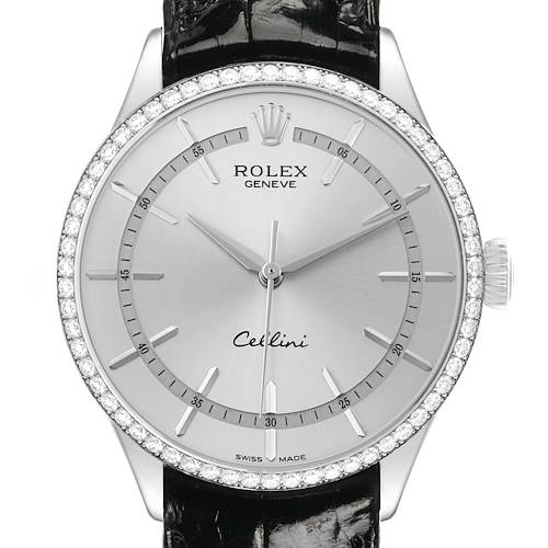 The Rolex Cellini 50709 Men's White Gold Silver Dial watch is shown from a front angle, displaying the dial, bezel, crown, and leather strap.