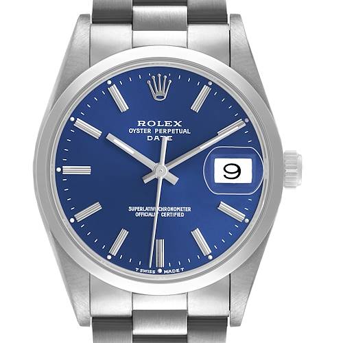 The Rolex Date 15200 Men's Stainless Steel Blue Dial model is shown from the front, displaying its blue dial, date window, bezel, crown, and bracelet.