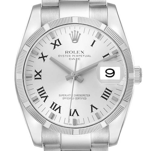 The Rolex Date 115210 Men's Stainless Steel Silver Dial watch is shown from a front angle, highlighting the dial, bezel, and part of the bracelet.