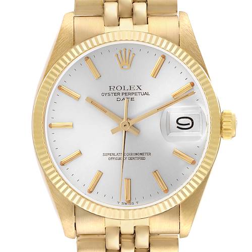 The Rolex Date watch is shown from the front, highlighting the dial, hands, crown, and part of the bracelet.