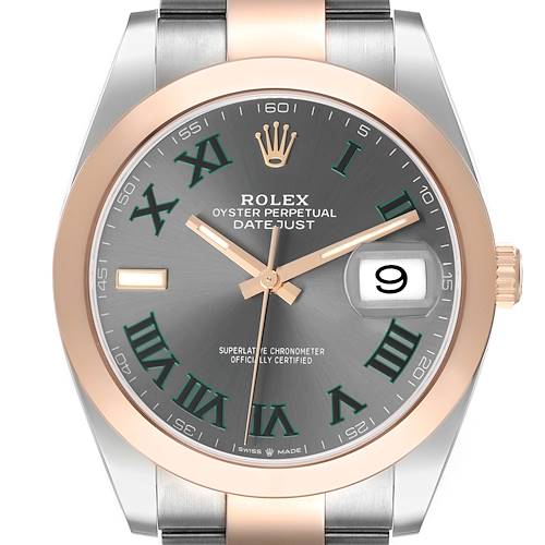 The Rolex Datejust 41 126301 Men's Steel and Gold (two tone) Grey Dial watch is shown from a front angle, highlighting its dial, bezel, and part of the bracelet.