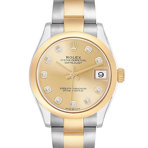 This Rolex Datejust Mid-Size watch is shown from the front, highlighting the dial, bezel, crown, and part of the bracelet.