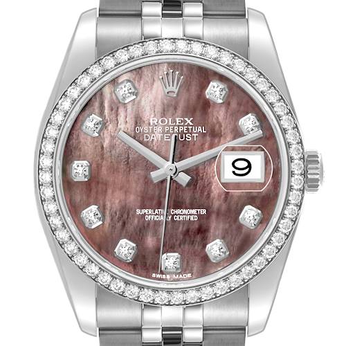 The watch, a Rolex Datejust 116244 Men's Stainless Steel Mother of Pearl Dial 116244 Men's Stainless Steel Mother of Pearl Dial, is shown from a straight-on angle, highlighting its face, bezel, and partially visible bracelet.