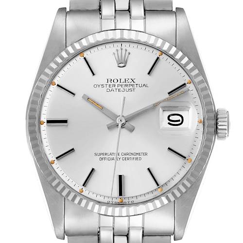 The Rolex Datejust 1601 Men's Stainless Steel Silver Dial watch is shown from a front angle, highlighting the dial, bezel, crown, and part of the bracelet.