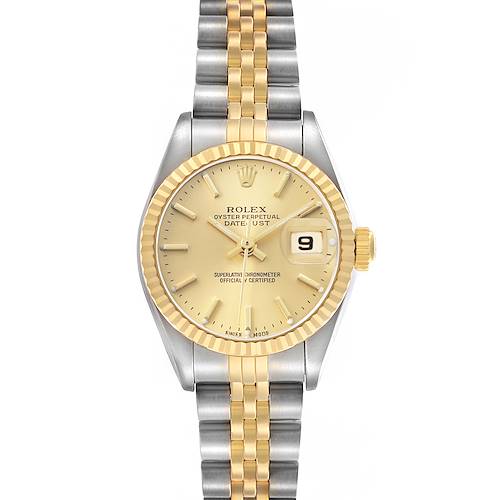 The Rolex Datejust 79173 Women's Steel and Gold (two tone) Champagne Dial watch is shown from the front, displaying its dial, bezel, and two-tone bracelet.