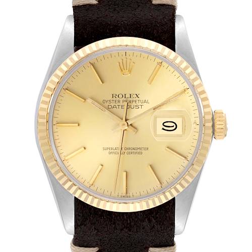 The Rolex Vintage Collection 16013 Men's Steel and Gold (two tone) Champagne Dial model is shown from a front angle, displaying its dial, bezel, crown, and leather strap.
