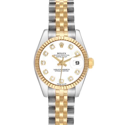 The Rolex Datejust 179173 Women's Stainless Steel White Dial watch is shown from a top-down angle, highlighting its face, bezel, bracelet, and date window clearly.
