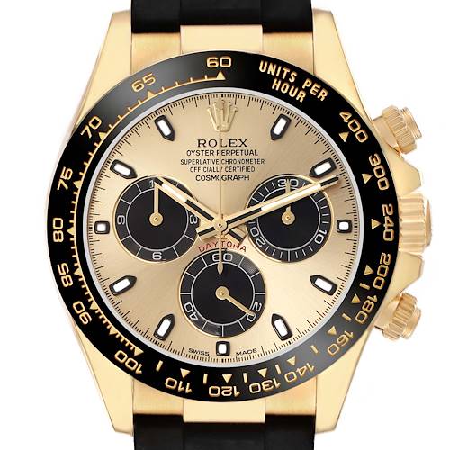 The Rolex Daytona 73019 Men's Yellow Gold Champagne Dial watch is shown from the front, highlighting the gold dial, black sub-dials, and bezel.