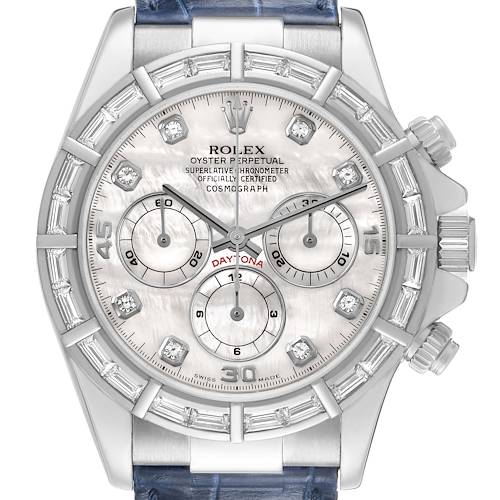 Photo of Rolex Daytona White Gold Mother of Pearl Baguette Diamond Mens Watch 16589