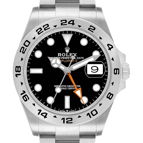The Rolex Explorer 226570 Men's Stainless Steel Black Dial II watch is shown from the front, featuring the dial, bezel, hands, and part of the bracelet.