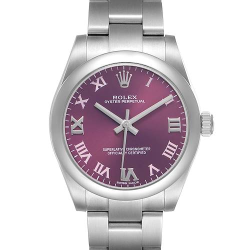 The Rolex Mid-Size 177200 Women's Stainless Steel Purple Dial Oyster Perpetual watch is shown from the front, highlighting its purple dial and metal bracelet.