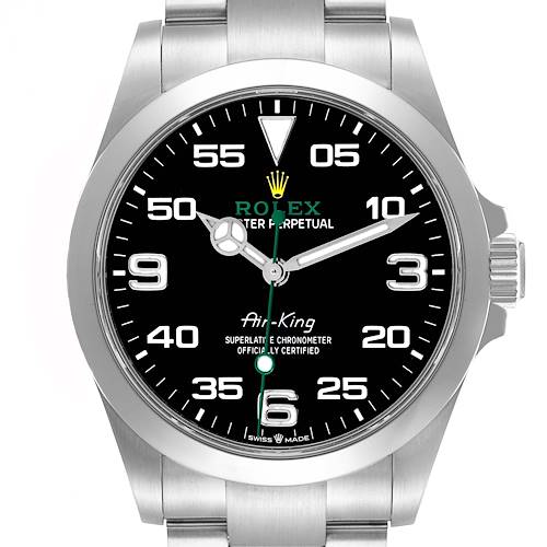 The image shows a front view of the Rolex Air-King model 126900 men's watch, highlighting the dial, hands, and bracelet.