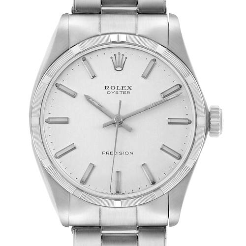 The Rolex Vintage Collection 6427 Men's Stainless Steel Silver Dial watch is shown from the front, highlighting the dial, crown, and bracelet links.