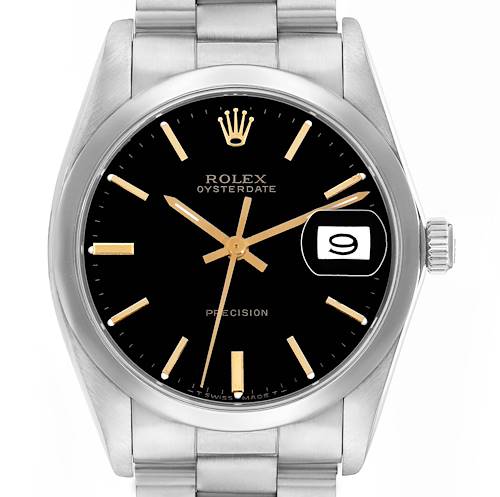 The Rolex Vintage Collection 6694 Men's Stainless Steel Black Dial watch is shown from a front angle, highlighting the black dial, gold markers, and date window.