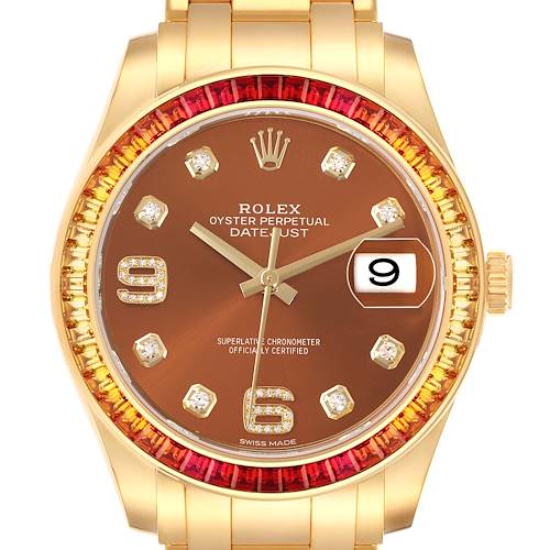 The Rolex Pearlmaster 86348SAJOR Men's Yellow Gold Orange Dial watch is shown from the front, displaying the dial, hour markers, hands, date window, and bejeweled bezel.