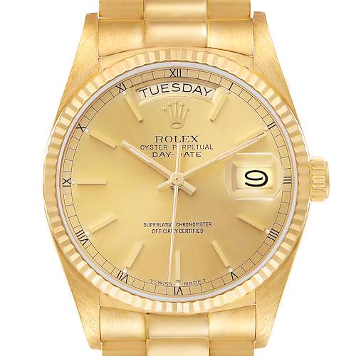 The Rolex President 18038 Men's Yellow Gold Champagne Dial model watch is shown from a front angle, highlighting the dial, bezel, and bracelet.