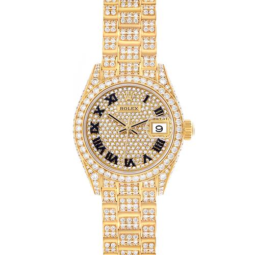 The Rolex President 279458 Women's Yellow Gold Champagne Dial 279458 Women's Yellow Gold Champagne Dial watch is shown from the front, displaying the face, bezel, and part of the bracelet encrusted with diamonds.