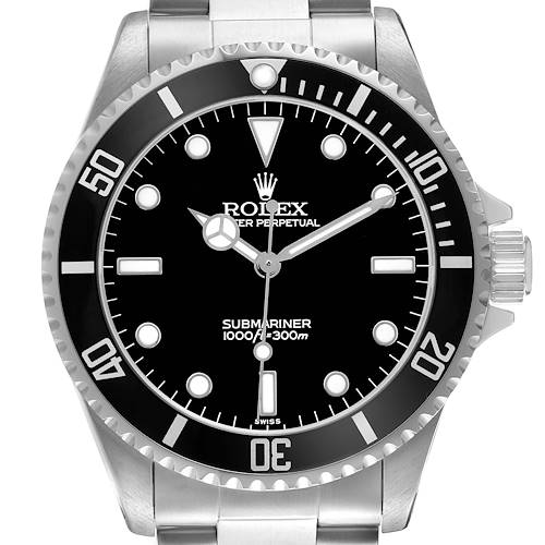 The Rolex Submariner 14060 Men's Stainless Steel Black Dial watch is shown from a front angle, displaying the dial, bezel, and part of the bracelet.