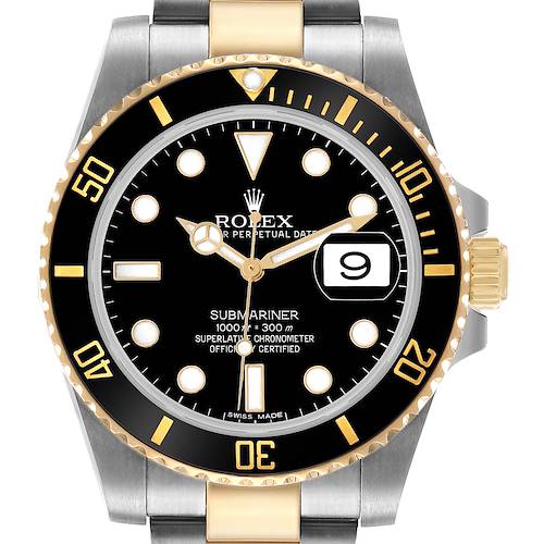 The Rolex Submariner 116613 Men's Stainless Steel Black Dial is shown from the front, highlighting the bezel, dial, hands, and date window.