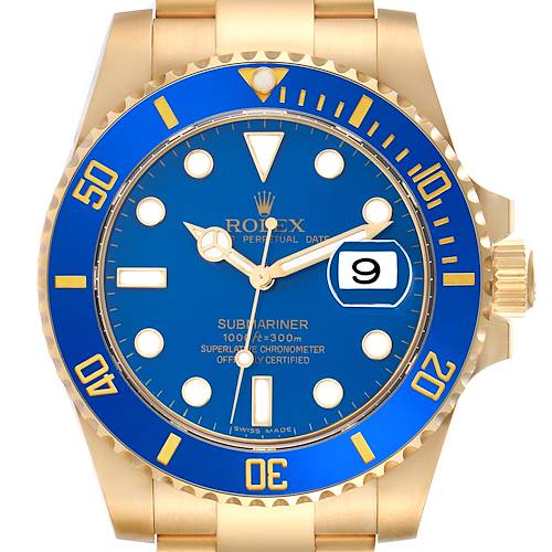 This Rolex Submariner 116618LB Men's Yellow Gold Blue Dial 116618LB Men's Yellow Gold Blue Dial watch is shown from the front, highlighting the blue dial, bezel, date display, and part of the bracelet.