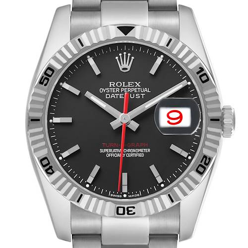 The Rolex Turn-o-Graph 116264 Men's Stainless Steel Black Dial watch is shown from a top-down angle, displaying its face, bezel, crown, and part of the bracelet.