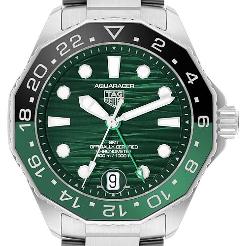 The Tag Heuer Aquaracer WBP5115 Men's Stainless Steel Green Dial watch is shown from a front angle, highlighting its green dial, bezel, and crown.