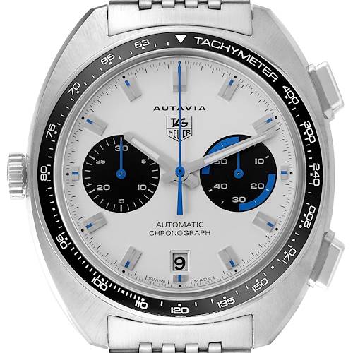 This image shows a front view of a Tag Heuer Autavia CY2110 Men's Stainless Steel White Dial CY2110 Men's Stainless Steel White Dial watch, highlighting the dial, chronograph sub-dials, and tachymeter bezel.
