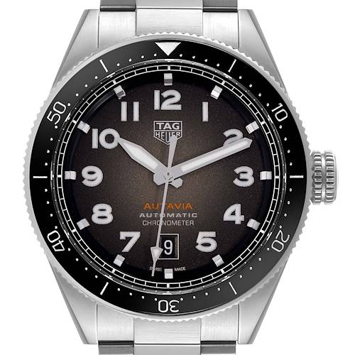 The image shows the Tag Heuer Autavia WBE5114 Men's Stainless Steel Brown Dial watch from a front angle, displaying the dial, bezel, and part of the bracelet.