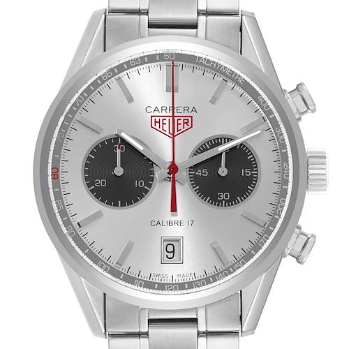 The watch is a front view of a Tag Heuer Carrera CV2119.BA0722 Men's Stainless Steel Grey Dial CV2119.BA0722 Men's Stainless Steel Grey Dial Calibre 17 Limited Edition, showing the dial, subdials, date window, and part of the band.