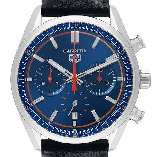 The image shows a frontal view of the Tag Heuer Carrera CBN201D.FC6543 Men's Stainless Steel Blue Dial watch, highlighting its blue dial, chronograph subdials, and pushers.