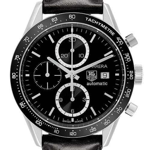 The image shows a Tag Heuer Carrera CV2010 Men's Stainless Steel Black Dial watch from a frontal angle, displaying the face, tachymeter bezel, and crown.