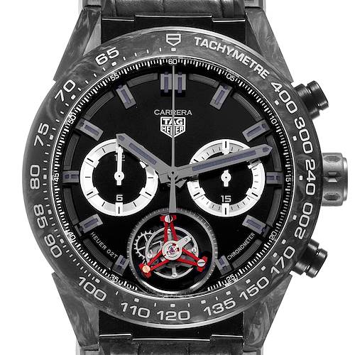 The Tag Heuer Carrera CAR5A8AD Men's Titanium Black Dial CAR5A8AD Men's Titanium Black Dial watch is shown from the front, displaying the dial, subdials, bezel, and tachymeter scale.