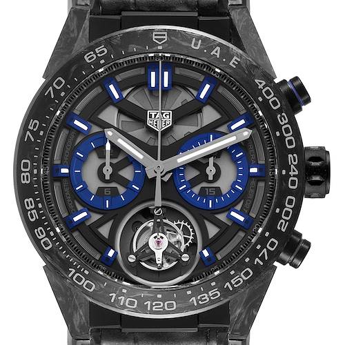 The Tag Heuer Carrera CAR5A8AJ.FC6415 Men's Titanium Black Dial CAR5A8AJ.FC6415 Men's Titanium Black Dial watch is shown from the front, displaying its dial, subdials, hands, and bezel.