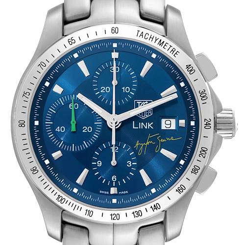 The Tag Heuer Link Limited Edition watch is shown from the front, featuring a blue dial, chronograph, and tachymeter.
