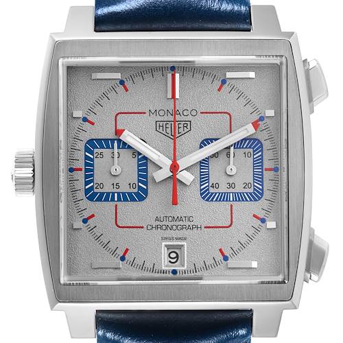The Tag Heuer Monaco CAW211X.FC6468 Men's Stainless Steel Grey Dial CAW211X.FC6468 Men's Stainless Steel Grey Dial watch is shown from the front, highlighting its square dial, chronograph subdials, and date window.