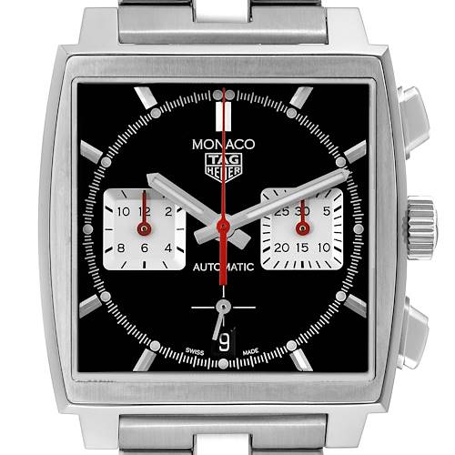 The image shows a front view of the Tag Heuer Monaco CBL2113 Men's Stainless Steel Black Dial watch, highlighting the dial, crown, and chronograph pushers.