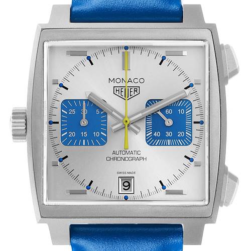 The Tag Heuer Monaco CAW218C.FC6548 Men's Titanium Silver Dial watch is shown from the front, highlighting the dial, subdials, crown, and blue strap.