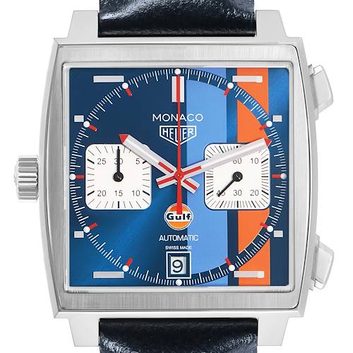 The image shows a front view of the Tag Heuer Monaco CAW211R Men's Stainless Steel Blue Dial watch, highlighting its square case, chronograph dials, and Gulf branding.