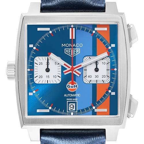 The Tag Heuer Monaco CAW211R Men's Stainless Steel Blue Dial watch is shown from the front, featuring its square case, colorful dial, subdials, and a date window.