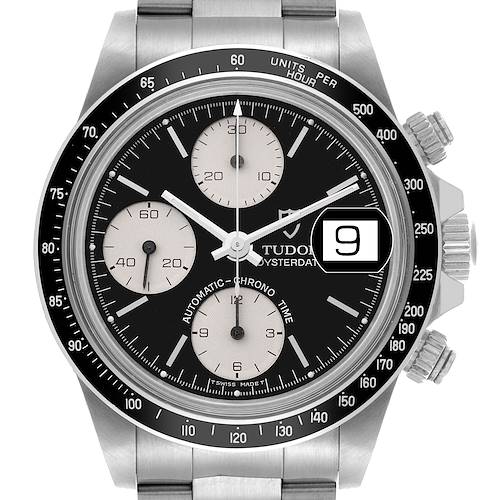 The Tudor Big Block 79160 Men's Stainless Steel Black Dial 79160 Men's Stainless Steel Black Dial watch is shown from a front angle, displaying the dial, subdials, bezel, and date window.