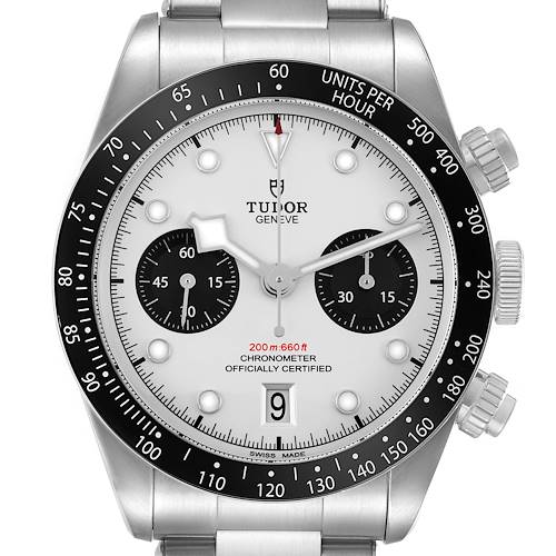 The Tudor Heritage Black Bay 79360 Men's Stainless Steel Silver Dial watch is shown from the front, highlighting the dial, bezel, and crown.
