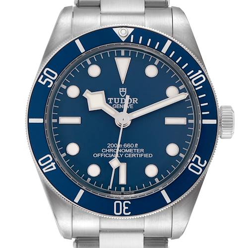 The Tudor Heritage Black Bay 79030B Men's Stainless Steel Blue Dial watch is shown from the front, displaying the dial, bezel, crown, and bracelet.
