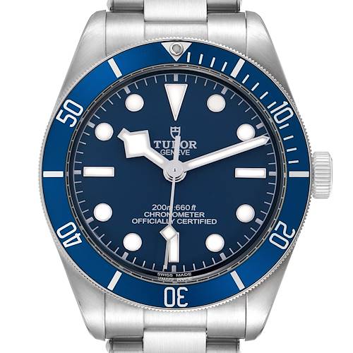 The Tudor Heritage Black Bay 79030B Men's Stainless Steel Blue Dial watch is shown from the front, highlighting the blue bezel and dial with its markers and hands.