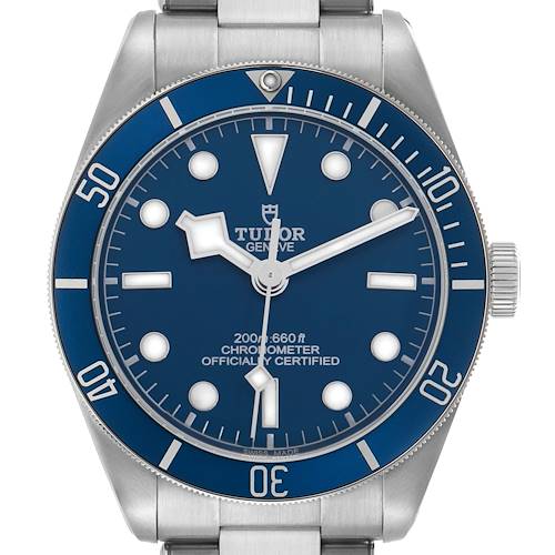 The Tudor Heritage Black Bay 79030B Men's Stainless Steel Blue Dial watch is shown from a front angle, highlighting the dial, hands, and bezel details.