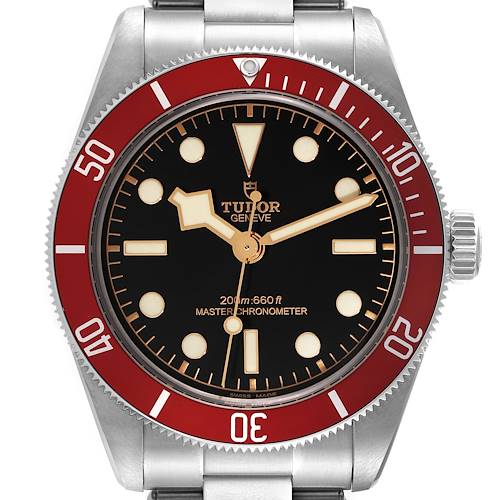 The image shows a front view of the Tudor Heritage Black Bay M7941A1A0RU-0001 Men's Stainless Steel Black Dial M7941A1A0RU-0001 Men's Stainless Steel Black Dial watch, featuring its dial, bezel, and part of the bracelet.