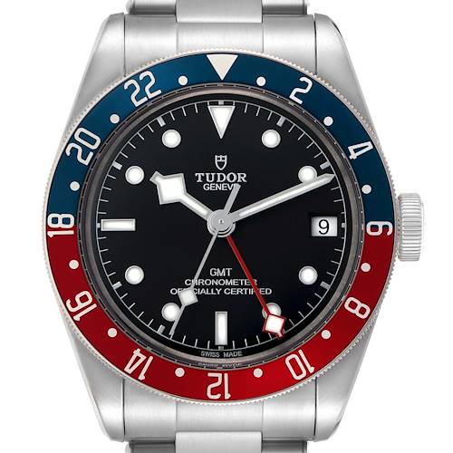 The Tudor Heritage Black Bay 79830RB Men's Stainless Steel Black Dial watch is shown from a front angle, highlighting the dial, hands, bezel, and crown.