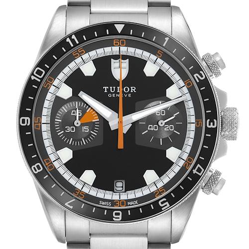 The Tudor Heritage Chrono 70330N Men's Stainless Steel Black Dial watch is shown from the front, displaying its face, bezel, crown, and subdials.