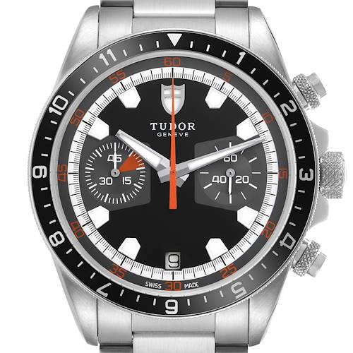 The Tudor Heritage Chrono 70330 Men's Stainless Steel Black Dial 70330 Men's Stainless Steel Black Dial watch is shown from a front angle displaying the dial, bezel, and pushers.